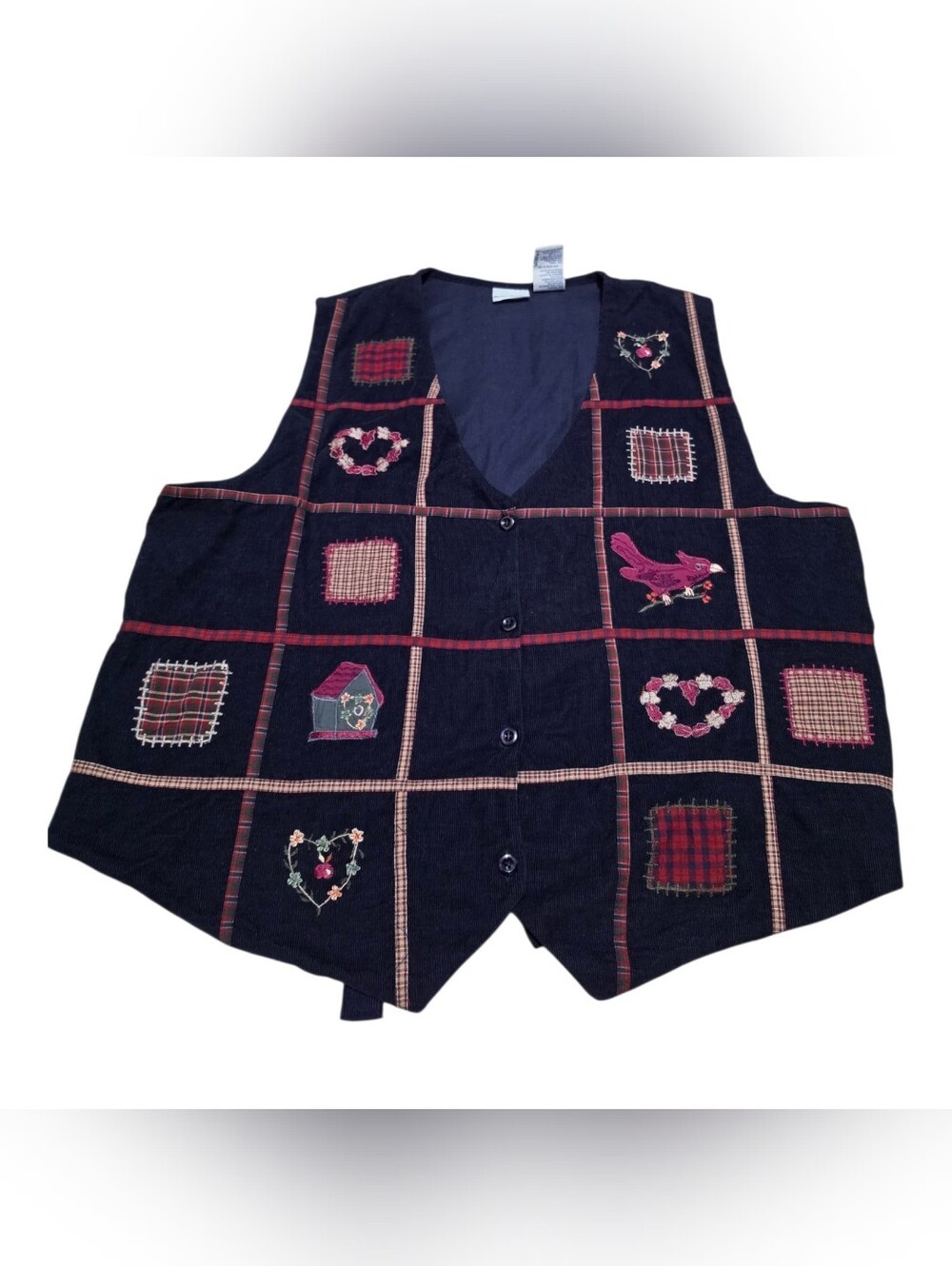 Bobbie Brooks Navy Patchwork Embroidered Vest with Pink Accents